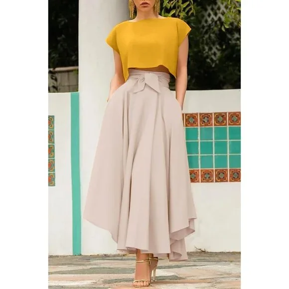 Women's Apricot Elegant Waist Side Slit Irregular Bohemian Pockets Maxi Skirt - Picture 3 of 7
